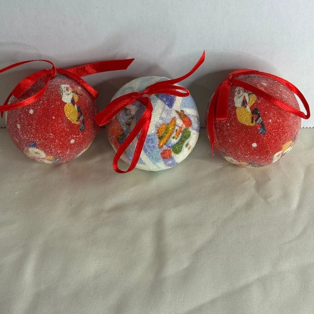Beaded Christmas‎ Ornament Set Snowman Balls Red White Ribbon Lot of 3